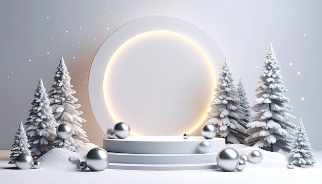 Winter festive display with illuminated circle and silver spheres.