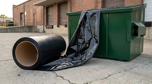 A large black plastic dumpster liner roll positioned outdoors next to a commercial green waste container