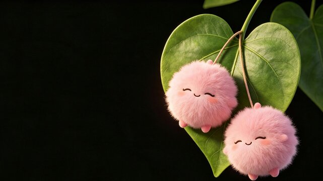 Two Happy Fluffy Pink Friends on Heart Leaf &mdash; Love, Harmony & Sweet Bond Symbol