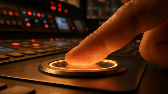 Finger pressing illuminated biometric security button on modern control panel