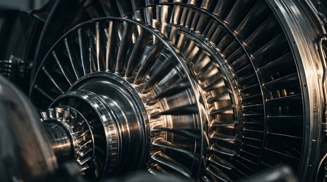 Close up of metallic jet engine turbine blades inside an aircraft engine