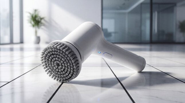 Modern Cordless Electric Spin Scrubber on Pristine White Tiled Floor for E-commerce Banner