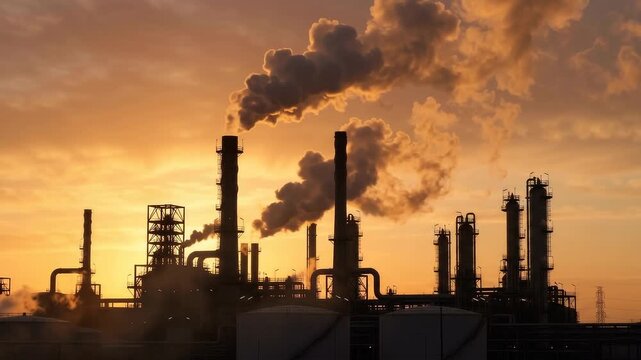 Petrochemical refinery silhouetted against an orange and yellow sunset sky, smokestacks billowing thick smoke catching the dying firelight