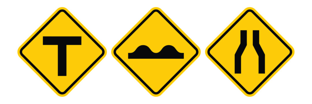 Traffic caution road signs collection. Modern warning symbols featuring T junction, hump ahead and narrow roadway indicators for driving safety.