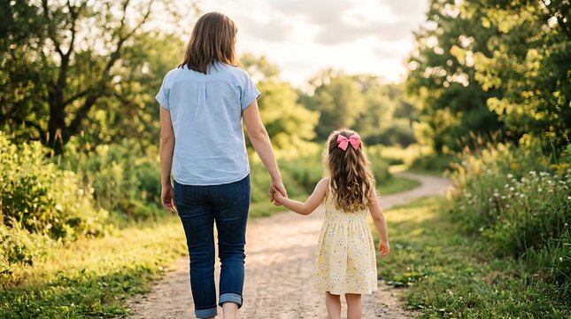 Mother and young daughter holding hands while walking along a dirt path in a sunlit park