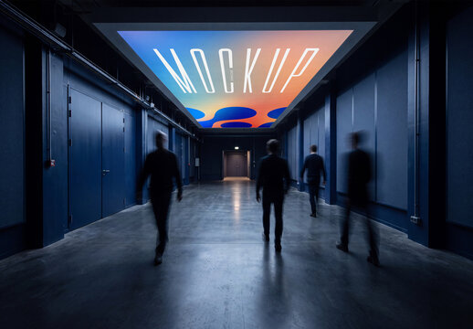 Illuminated ceiling billboard mockup in modern corridor