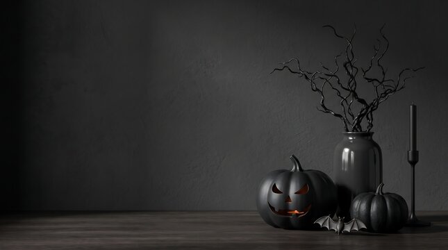 Black Halloween Jack O Lantern Pumpkin with Gnarled Branches in Vase and Bat on Dark Wood Table Minimalist Elegant Banner for Autumn Web Header