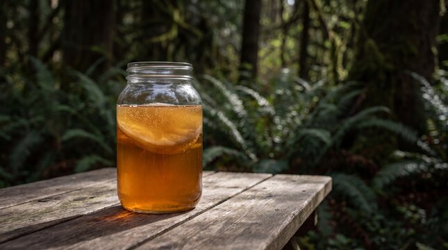 Fermented Kombucha Jar with Scoby on Rustic Wooden Table in Moody Forest for Gut Health and Wellness Editorial