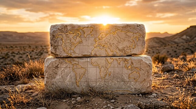 Two weathered limestone slabs carved with a gilded world map in desert sunset, cinematic backlight rim light, symbolizing global history