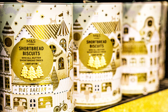 Close-Up Of Marks And Spencer Christmas Mini Shortbread Biscuits On Early Festive Shelf Display