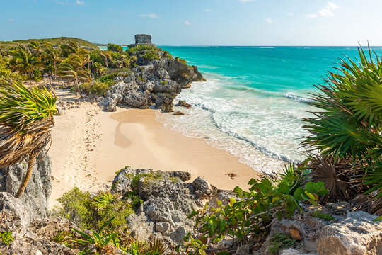 Mayan temple and beach by Caribbean Sea, Tulum, Mexico.