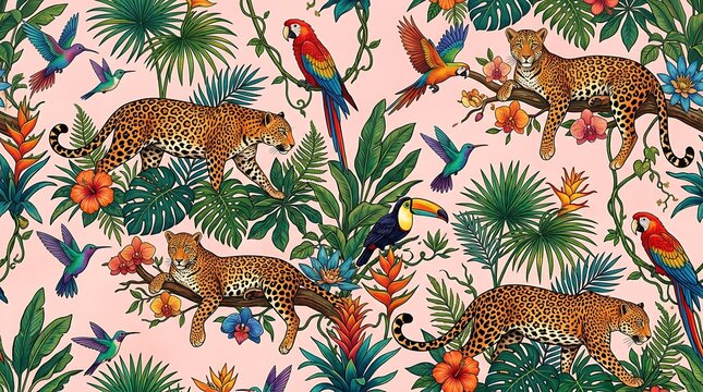 Seamless pattern with wild leopards and colorful tropical birds in a lush jungle forest with exotic green palm leaves