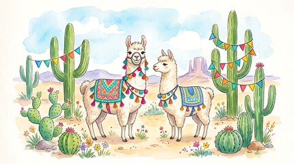 Fototapeta premium Two cute llamas wearing colorful blankets and tassels standing in a sunny desert landscape with tall green cacti
