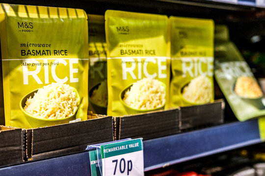 Close-Up Of Marks And Spencer Own Brand Microwave Basmati Rice Pouches With 70p Price Tag