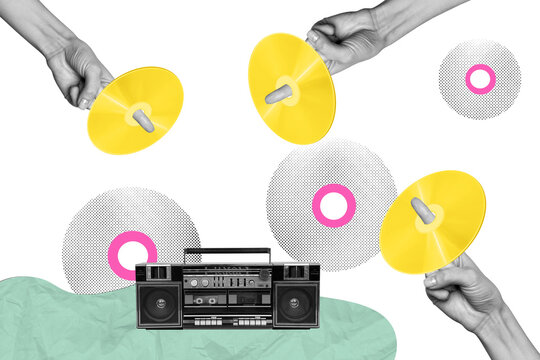 Composite photo collage of hands fingers hold vinyl disk music record boombox retro party club entertainment isolated on painted background