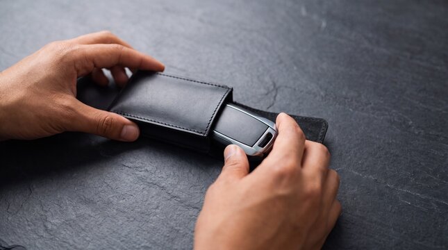 Asian Male Hands Placing Car Key Fob into Black Leather Faraday Pouch on Slate for Security Banner