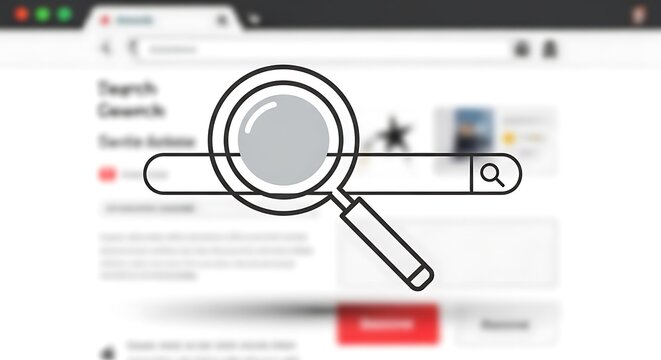 Magnifying glass icon overlaying a blurred web browser search page interface.
