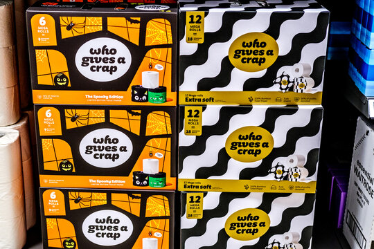 Close-Up Of Who Gives A Crap Bamboo Toilet Paper Multipacks Featuring Standard And Halloween Limited Editions
