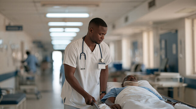 Ghanaian hospital porter carefully wheeling elderly patient in cervical immobilization collar through long corridor toward imaging department, fluorescent overhead lighting,