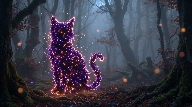 Magical Glowing Cat Silhouette with Purple Light Particles in Mystical Misty Forest Fog Background for Gaming Book Cover Fantasy Poster Banner