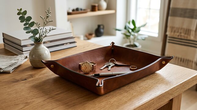Brown leather valet tray with keys and watch on a wooden entryway table