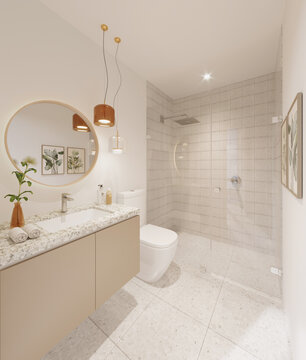 Dise&ntilde;o interior de ba&ntilde;o moderno, 3d render