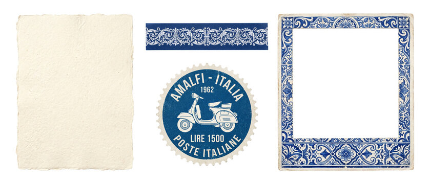 Italian vintage paper set isolated on transparent background. Blue majolica frame with ceramic tile pattern, round scooter post stamp and textured sheet. Retro Mediterranean elements.