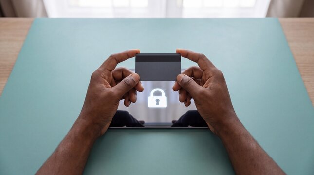 Black Man Holding Credit Card Over Tablet with Paywall Lock Icon for Subscription Concept