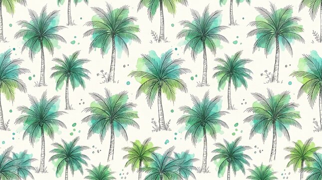 Seamless pattern with hand drawn tropical palm trees in green and yellow colors for summer fabric and wallpaper design