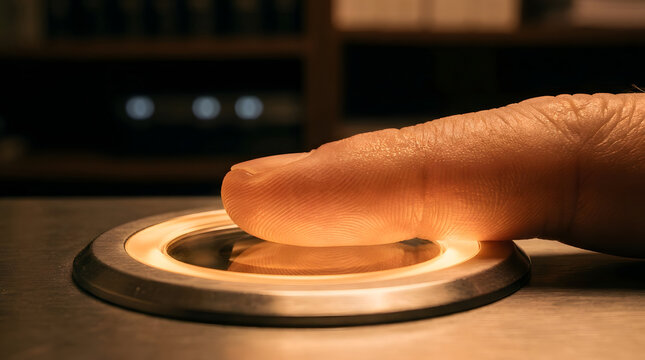 Finger pressing circular biometric scanner button on secure access panel