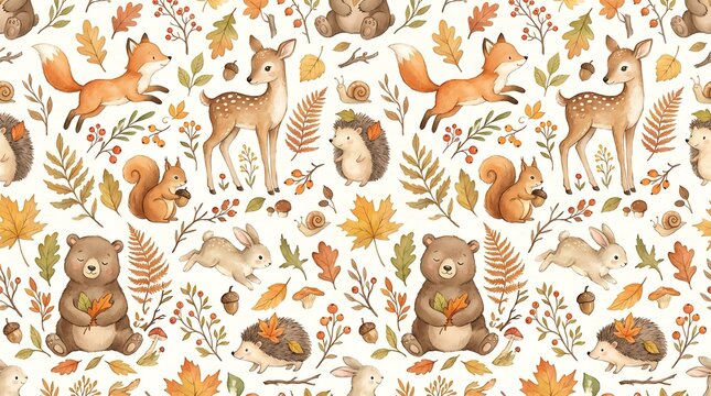 Seamless pattern with cute watercolor forest animals like deer fox bear squirrel and hedgehog surrounded by autumn leaves