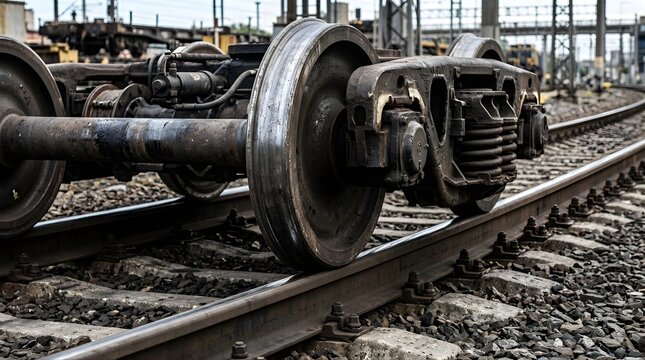 Metal train wheels on steel railway tracks in a rail freight yard