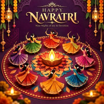 Happy navratri festive background featuring traditional dancers and glowing diya lamp