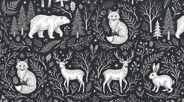Seamless pattern with hand drawn forest animals like bear deer fox and rabbit in a winter woodland landscape