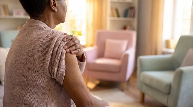 Elderly Black Woman Holding Thin Upper Arm in Cozy Living Room for Sarcopenia Awareness Banner
