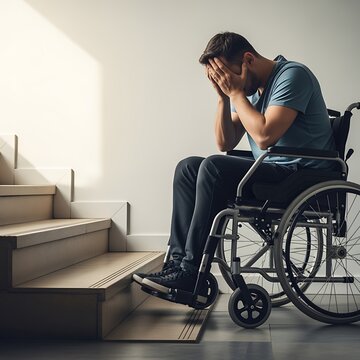 Man in Wheelchair Facing a Flight of Stairs Symbolizing Accessibility Barriers