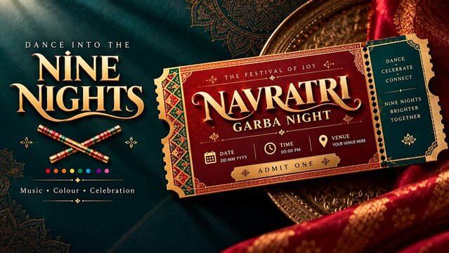 Navratri garba night event ticket design with wooden dandiya sticks illustration