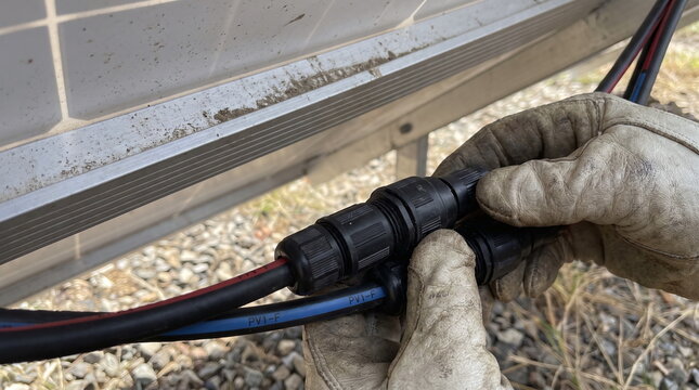 Electrician in work gloves connecting DC waterproof MC4 solar panel connectors on wiring underneath photovoltaic module