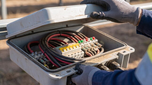 Worker wearing work gloves opening the lid of a solar junction box to inspect internal electrical wiring and circuit breakers outdoors