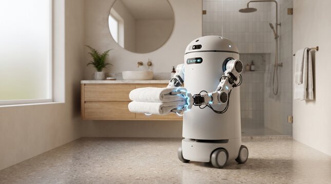 Samsung bot handy displaying towels in modern home interior. Great for interior design, smart home, and home automation concepts.