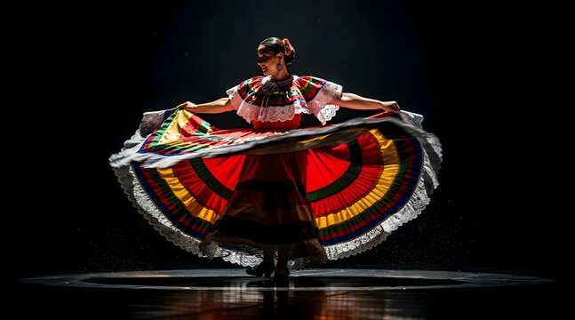 Mexican Folkloric Dancer Performing Traditional Skirt Spin in Vibrant Costume on Dramatic Dark Stage