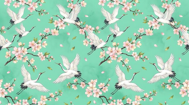 Seamless pattern with white cranes flying among pink cherry blossom flowers on a mint green background
