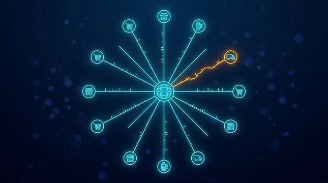 Digital supply chain logistics network infographic with central data hub and ecommerce delivery tracking icons