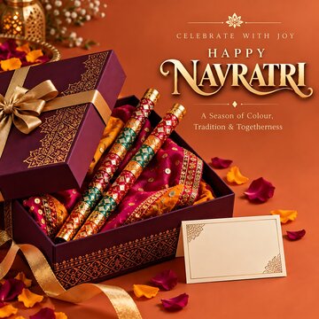 Gift box filled with decorated dandiya sticks and traditional festive attire for navratri celebration navratri festival tradition