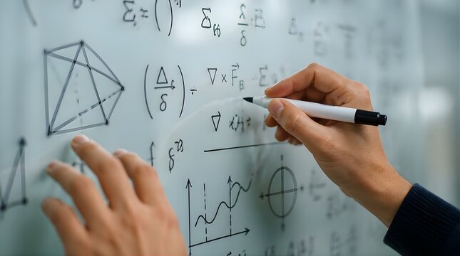 Close up of a hand writing complex mathematical formulas and physics equations on a transparent glass board in a research laboratory.