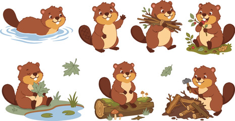 Obraz premium Beaver animal character set showing cute cartoon activities like swimming carrying wood and building a dam isolated
