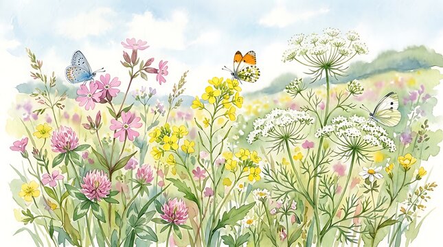 Colorful summer wildflowers and butterflies in a sunny meadow during a bright day