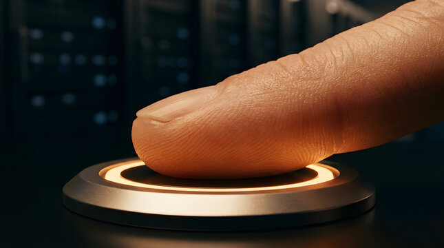 Finger pressing circular biometric scanner button on modern security panel