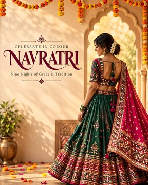 Woman in traditional indian attire for navratri festival celebration with navratri