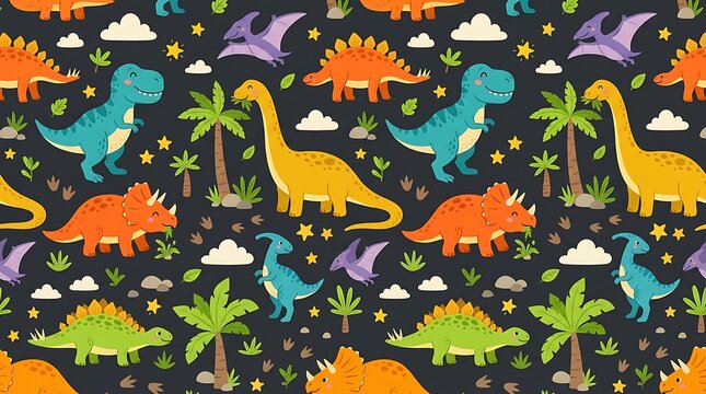 Seamless pattern with cute colorful dinosaurs and palm trees on a dark background for children textile design